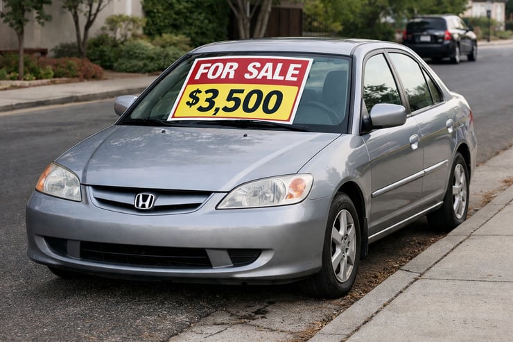 used car on the street with a for sale sign with a price-2