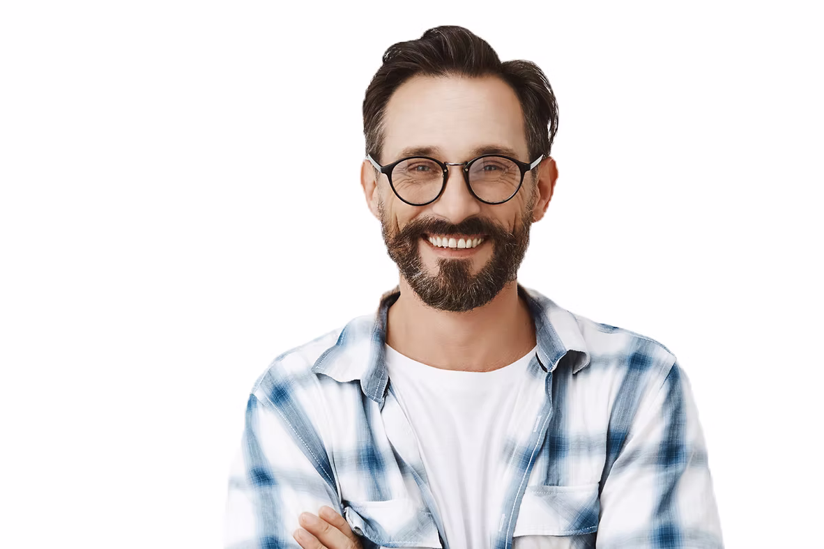 handsome confident bearded mature man posing